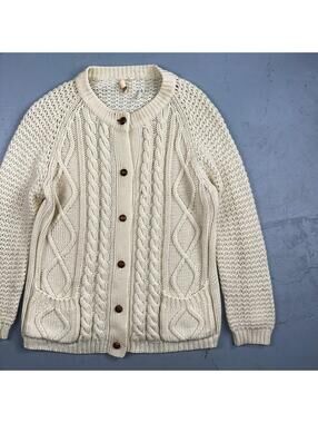 Vintage Hudson Bay Cardigan Acrylic Sweater Ivory Cable Knit Fisherman 80s Korea